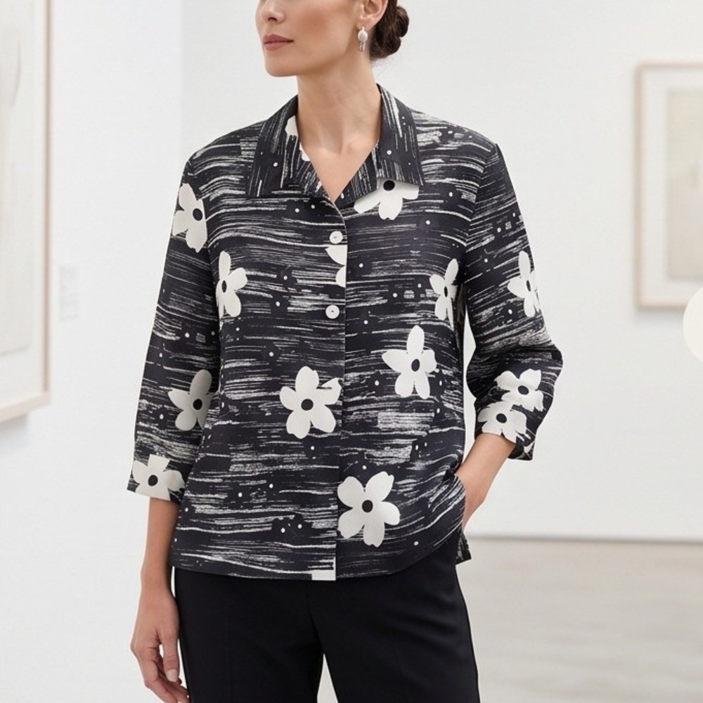 SILKLAND Womens 12 Silk Floral Button Up Shacket Black‎ White 3/4 Sleeve